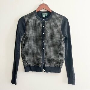 Lauren Ralph Lauren Silk Black & White Polka Dot Cardigan Sweater Petite Small